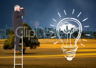 Composite image of Business man looking his future on a ladder with a light bulb drawn