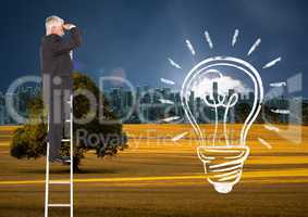 Composite image of Business man looking his future on a ladder with a light bulb drawn