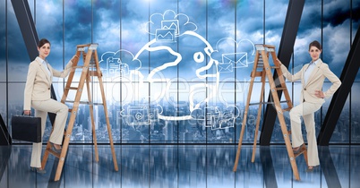 Composite image of Business women on a ladder against a digital interface and city background