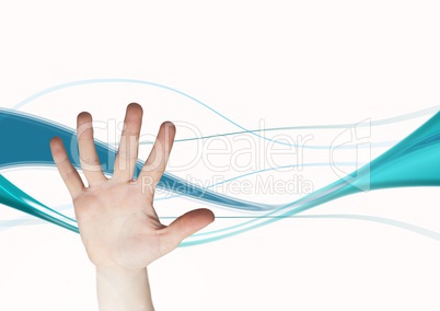 Composite image of open hand against blue curves