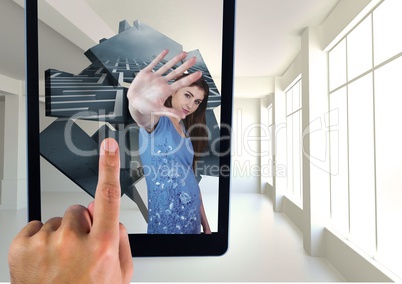 Composite image of Hand Touching tablet screen with virtual reality