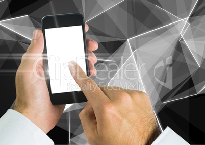 Composite image of Hand Touching cell Phone screen against graphic background