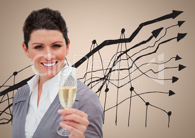 Composite image of Business woman showing her champagne glass against graph on beige background