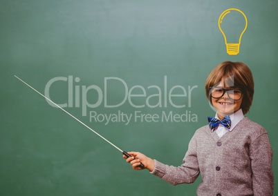 kid and blackboard with lightbulb against a black background