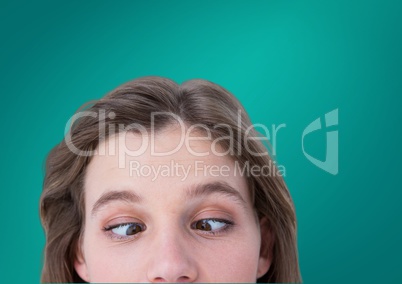 Funny eyes of woman against green background