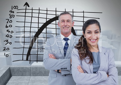 Business Team Standing in front of Graph against grey background