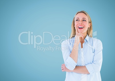 Happy Woman thinking against a light blue Background