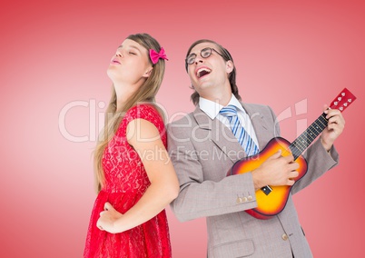 Happy Couple Having Fun against a red Background