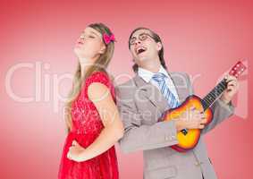 Happy Couple Having Fun against a red Background