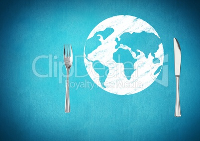 Composite image of kitchen utensils against earth map blue background