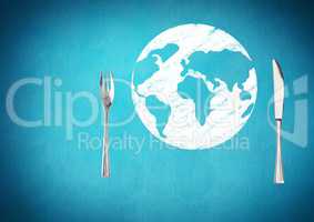 Composite image of kitchen utensils against earth map blue background