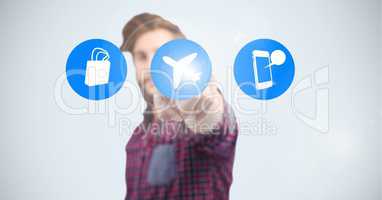 Man touching on airplane mode icon against white background