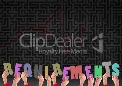 Digital composite image of hands holding requirements cutouts