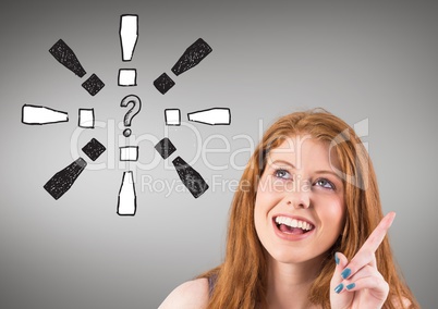 Cheerful woman with exclamation mark and question mark on grey background