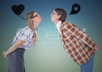 Romantic nerd couple standing with graphics sign over head