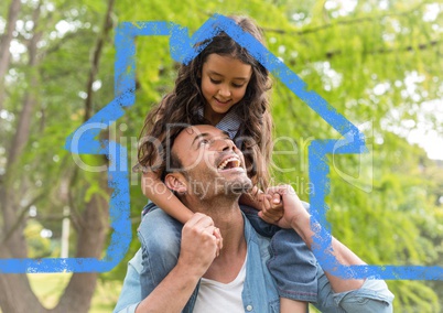 Cheerful father giving piggyback ride to her daughter against house outline