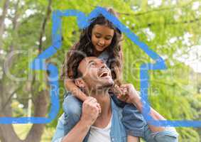 Cheerful father giving piggyback ride to her daughter against house outline