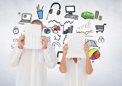 Colleagues covering their face with blank placard against business icons