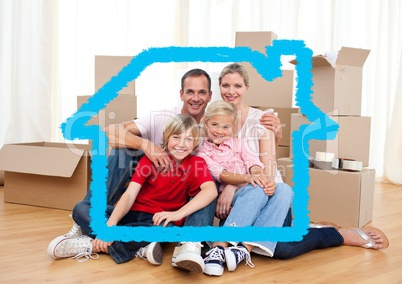 Family sitting in living room against house outline in background