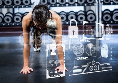 Woman doing push up exercise in gym and fitness interface