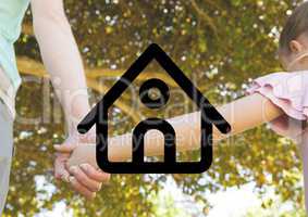 Mother holding hand of girl overlaid with house shape