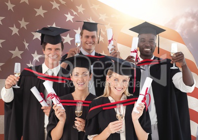 Friends showing their degree against USA flag in background