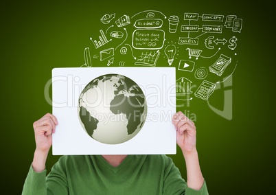 Man covering his face with card showing globe against green background