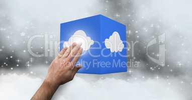 Man hand touching a cloud computing icon against digitally generated background