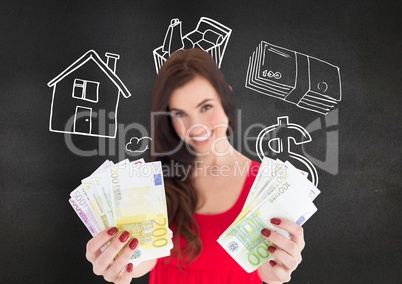 Woman holding euro cash against blackboard in background