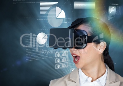 Businesswoman using virtual reality headset against graph chart background