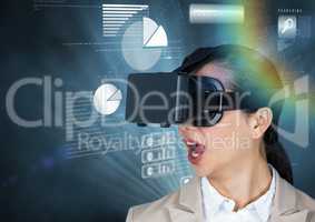Businesswoman using virtual reality headset against graph chart background