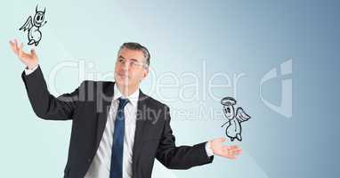 Man between good and bad conscience against blue background