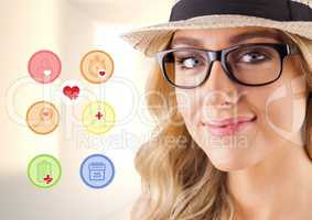 Portrait of beautiful woman with various application icon