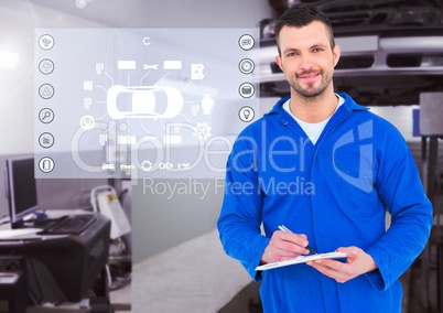 Portrait of a smiling automobile mechanic holding clipboard