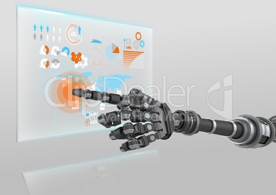 Robot hand pointing at futuristic interface