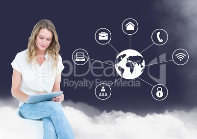 Woman using digital tablet with cloud and networking icons in background