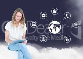 Woman using digital tablet with cloud and networking icons in background