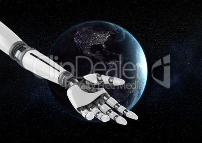 Robot hand  in front of globe against black background