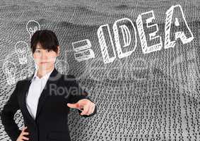 Businesswoman pointing against binary number background with idea in text