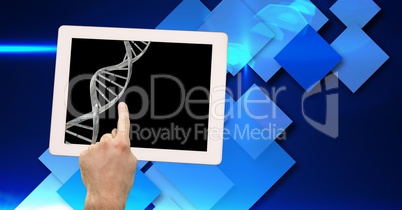 Man touching digital tablet with dna icon against digitally generated background