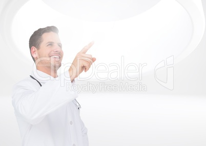 Smiling doctor using digital screen
