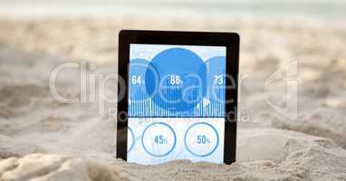 Digital tablet in sand showing percentage data