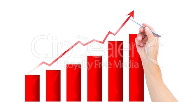 A hand with pen pointing to upward graph