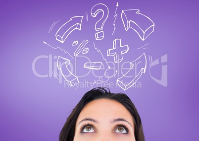 Confused woman with exclamation mark, arrow sign and question mark against purple background