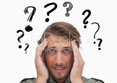 Confused man with graphic question mark over head