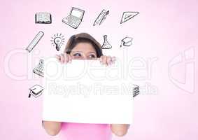 Woman holding blank sheet of paper with various icons in background