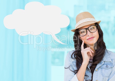 Woman with blank speech bubble against purple background