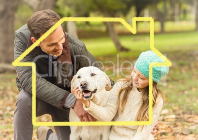 Father and daughter playing with dog in park above outline house