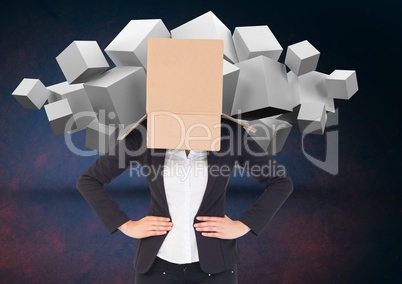 Businesswoman with her face cover with cardboard box standing against digital background