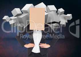Businesswoman with her face cover with cardboard box standing against digital background